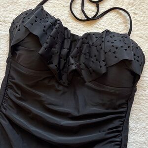 Black Strapless Ruffled One-Piece Swimsuit